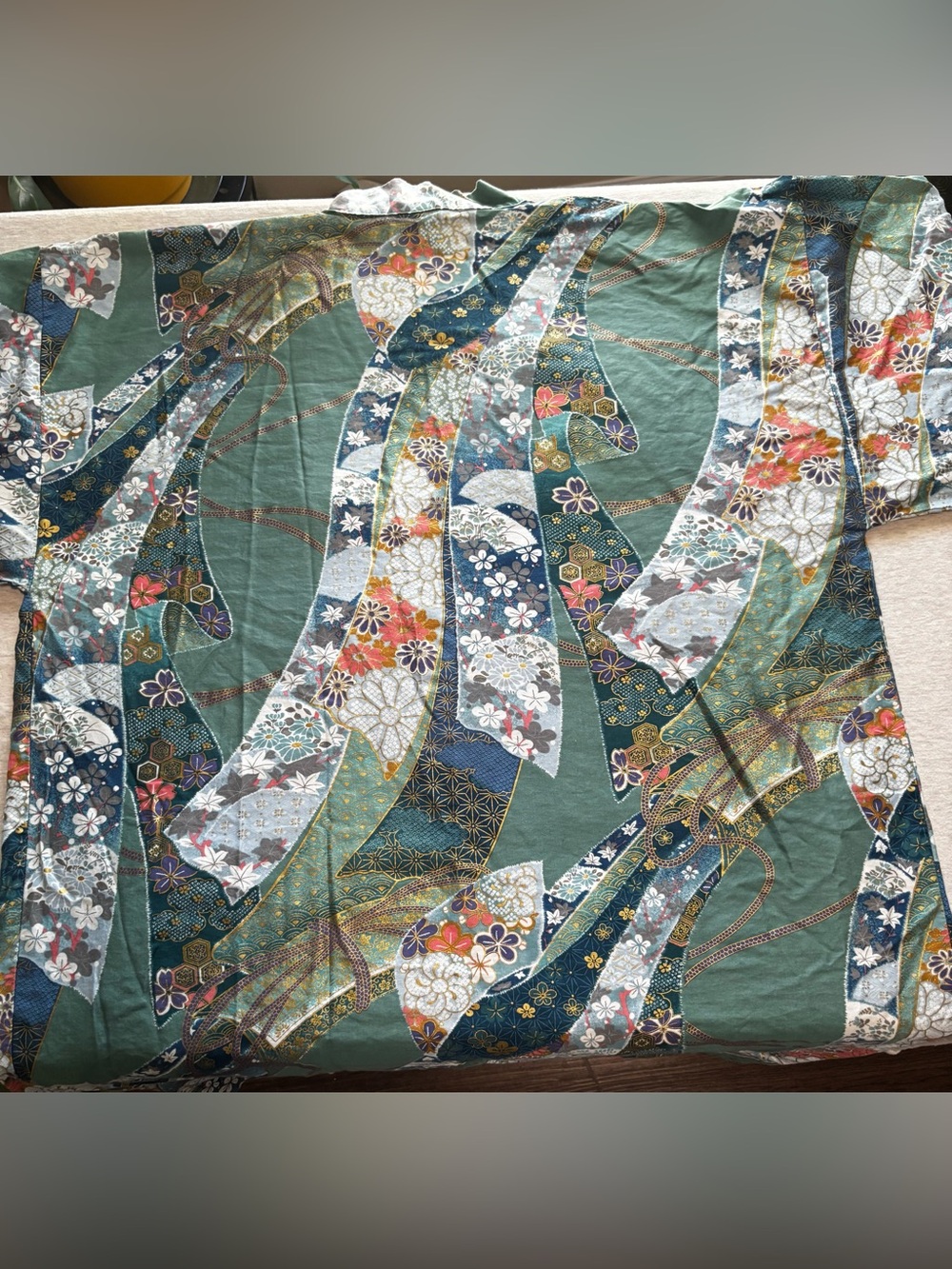 Vintage Japanese Kimono Robe XL Green Floral Cotton Belted Yukata - Picture 11 of 12